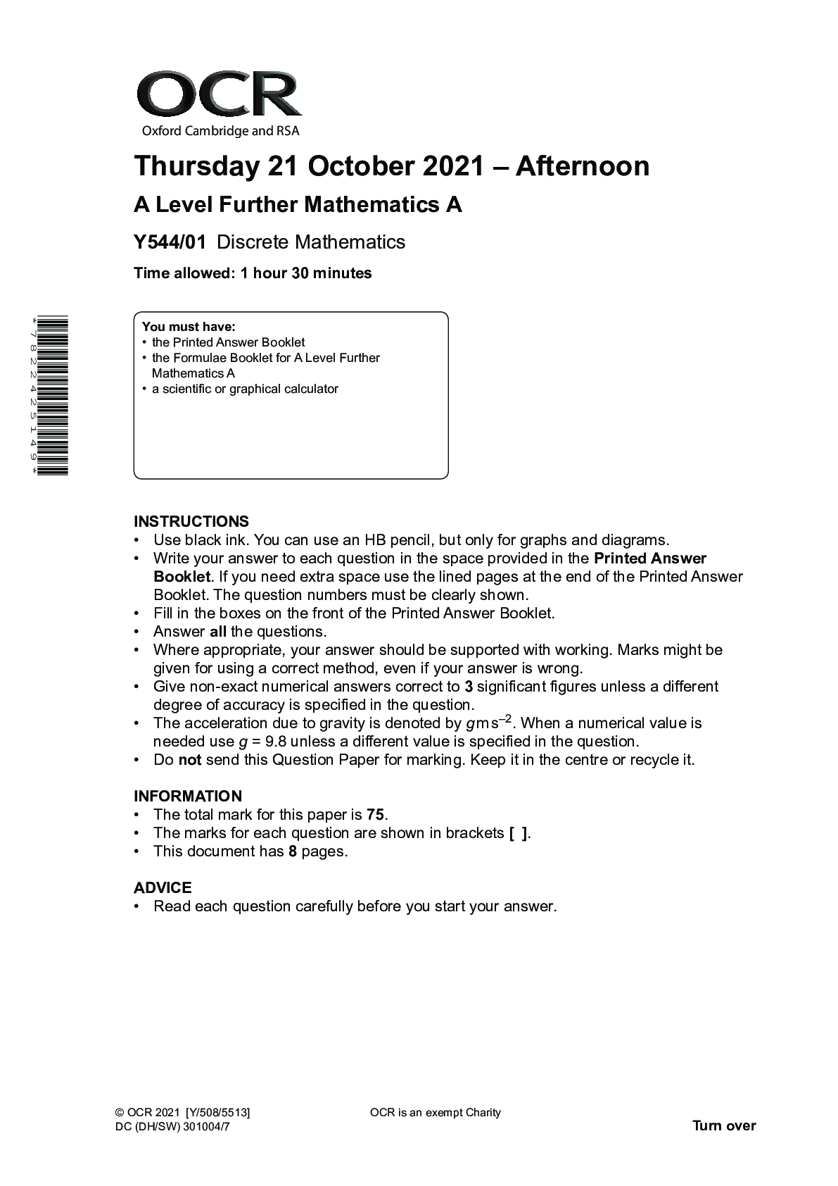 Preview of >-_ A Level Further Mathematics A Y544/01: Discrete Mathematics || QUESION PAPER OCT 2021